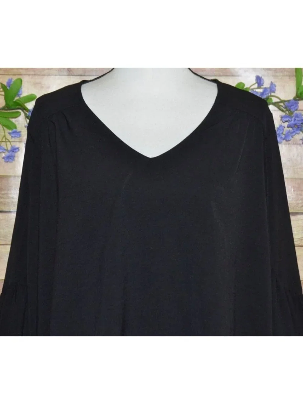 ee:some Ladies Black V-Neck Pullover Blouse Top Size L Balloon Sleeves Career